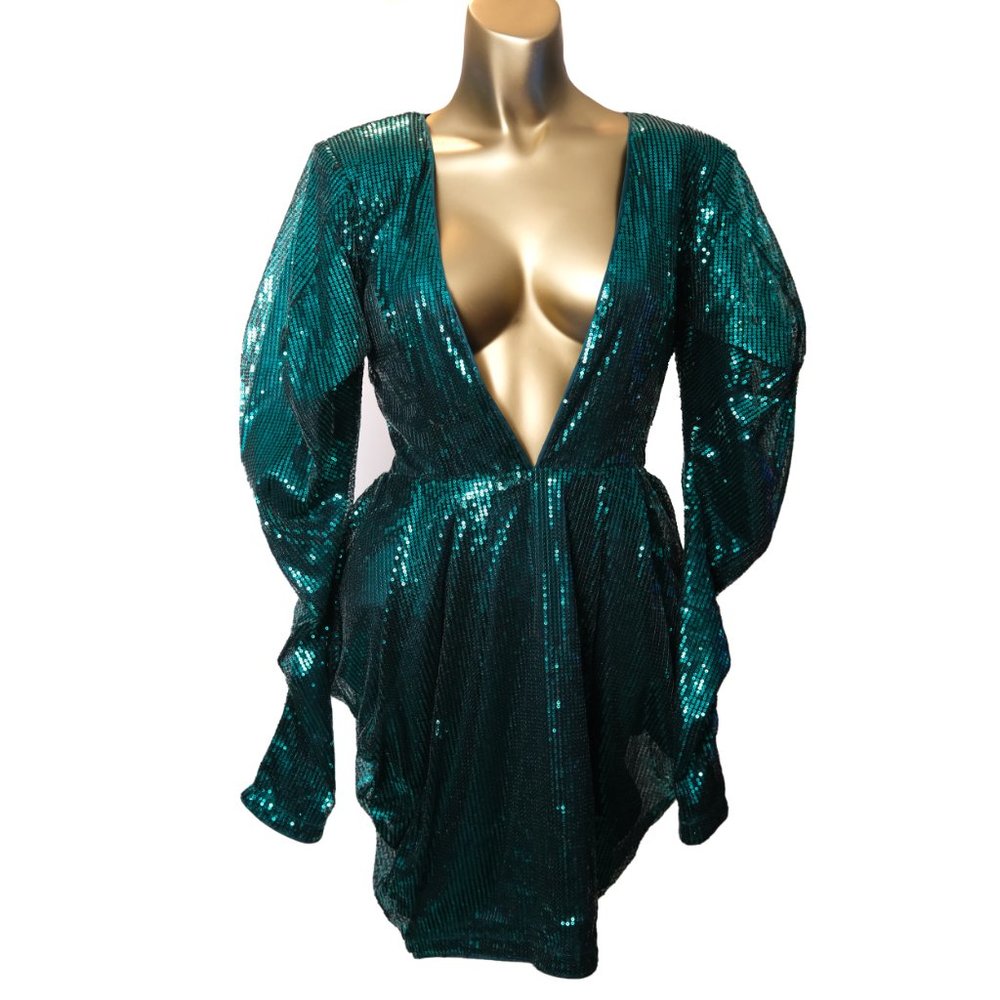 Vintage Sequin Dress Green Deep V Plunge Sz Small
